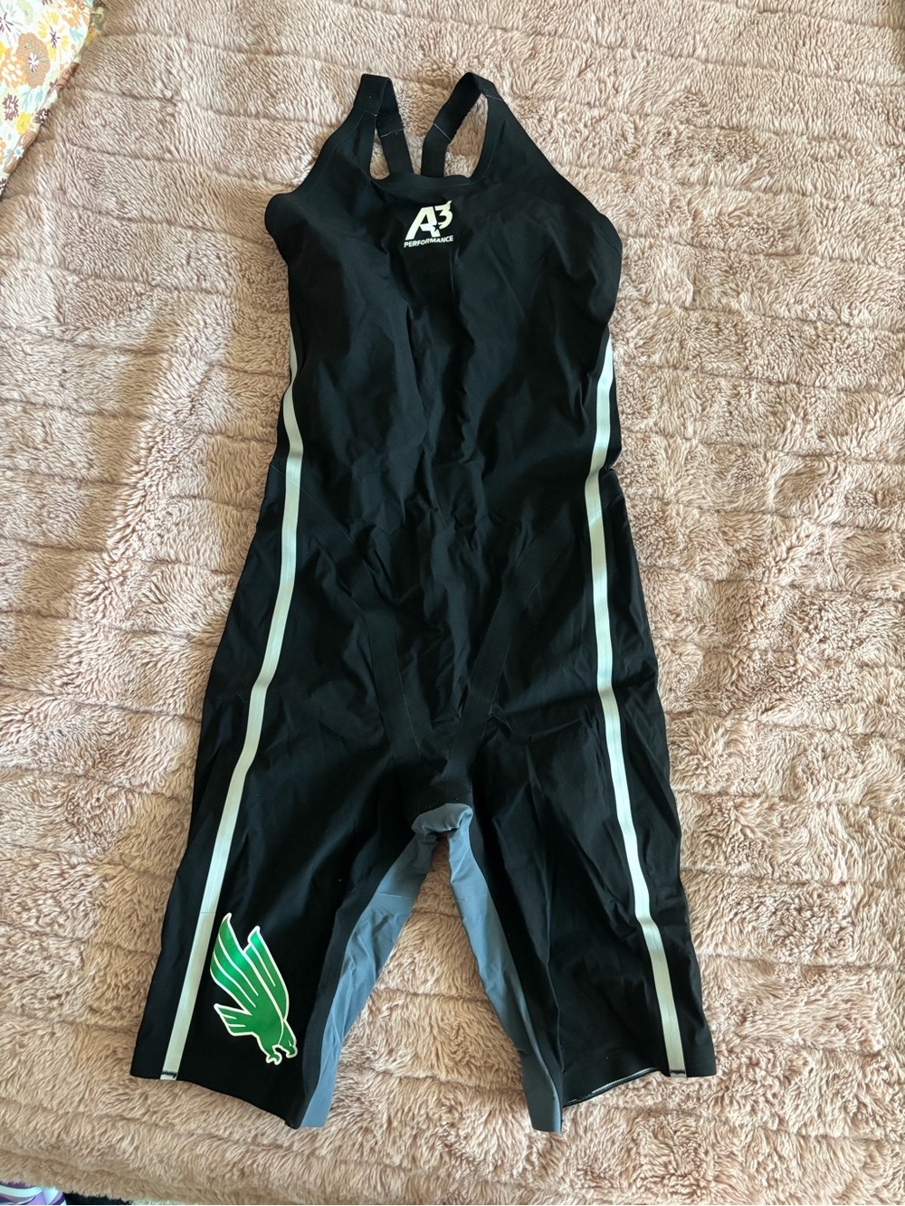 A3 Design Black closed back Vici Racing Swimsuit with Green Accent